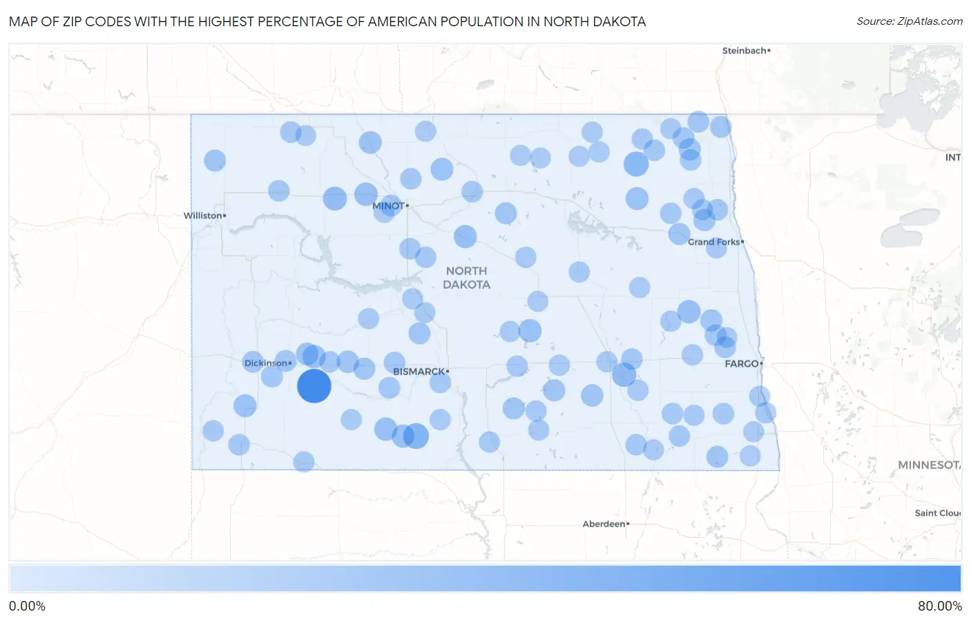 Zip Codes with the Highest Percentage of American Population in North Dakota Map
