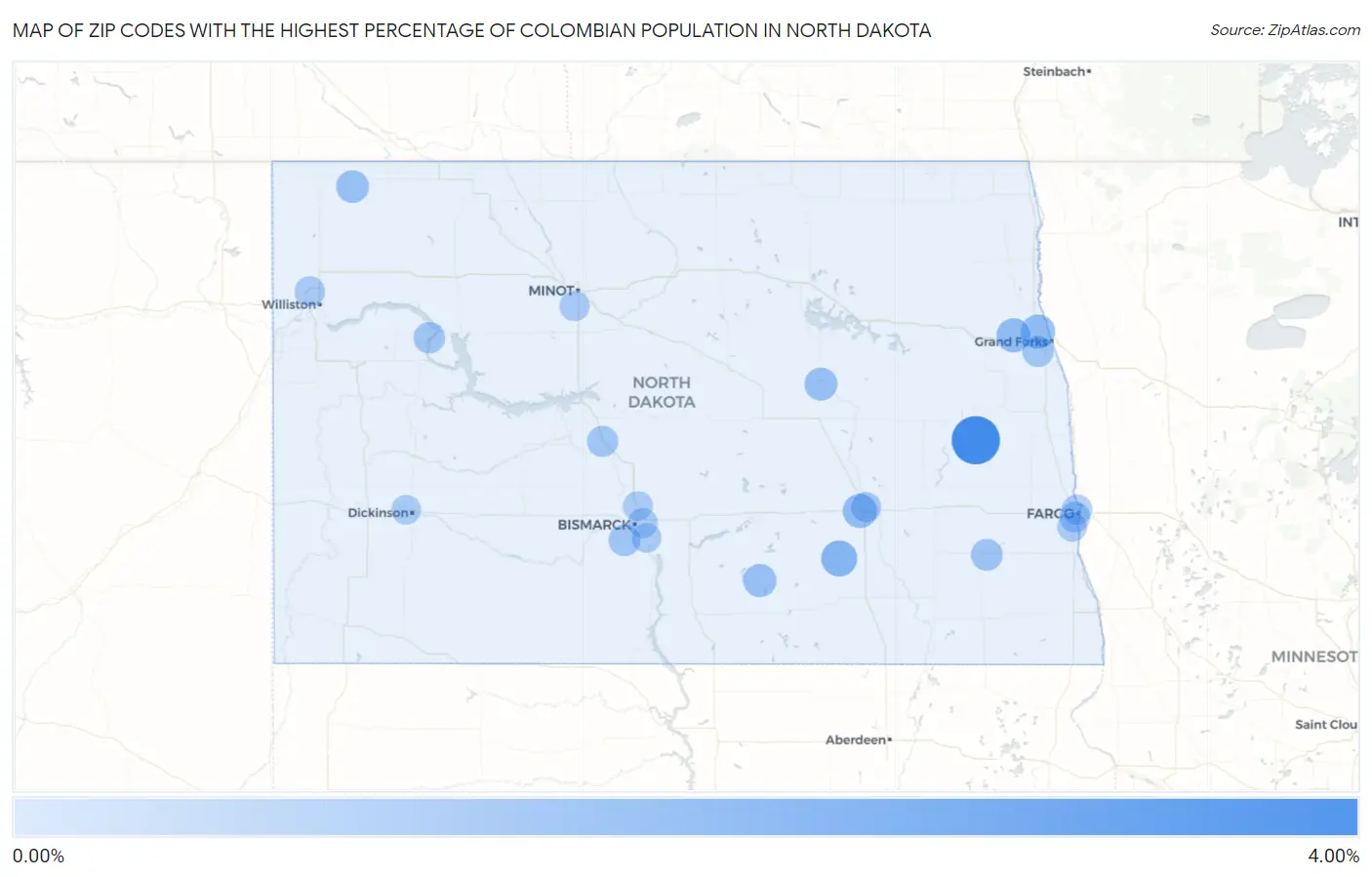 Zip Codes with the Highest Percentage of Colombian Population in North Dakota Map