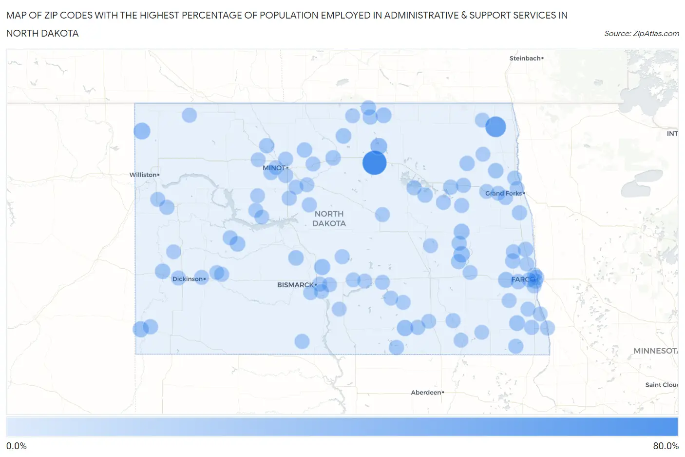 Zip Codes with the Highest Percentage of Population Employed in Administrative & Support Services in North Dakota Map