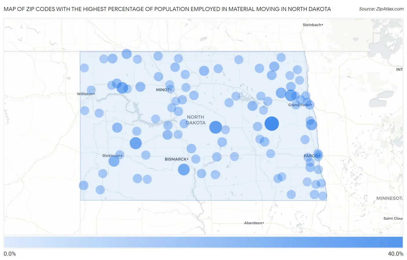 Zip Codes with the Highest Percentage of Population Employed in Material Moving in North Dakota Map