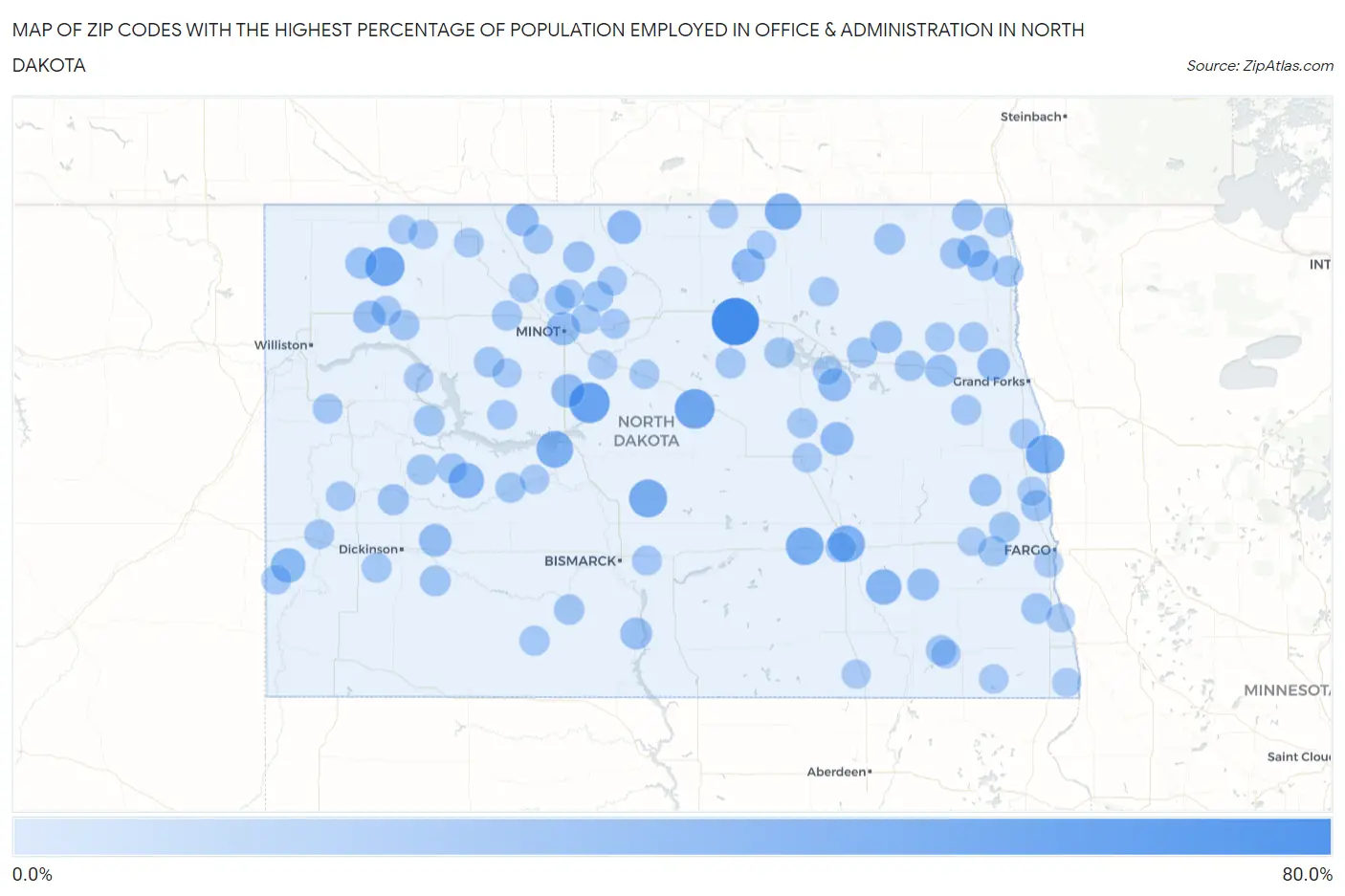 Zip Codes with the Highest Percentage of Population Employed in Office & Administration in North Dakota Map