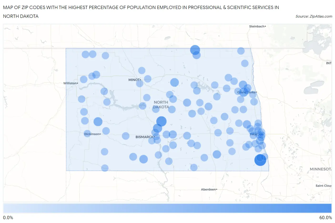 Zip Codes with the Highest Percentage of Population Employed in Professional & Scientific Services in North Dakota Map