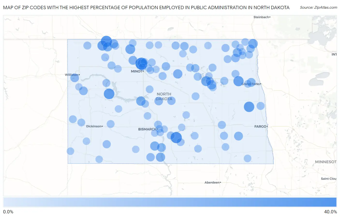 Zip Codes with the Highest Percentage of Population Employed in Public Administration in North Dakota Map