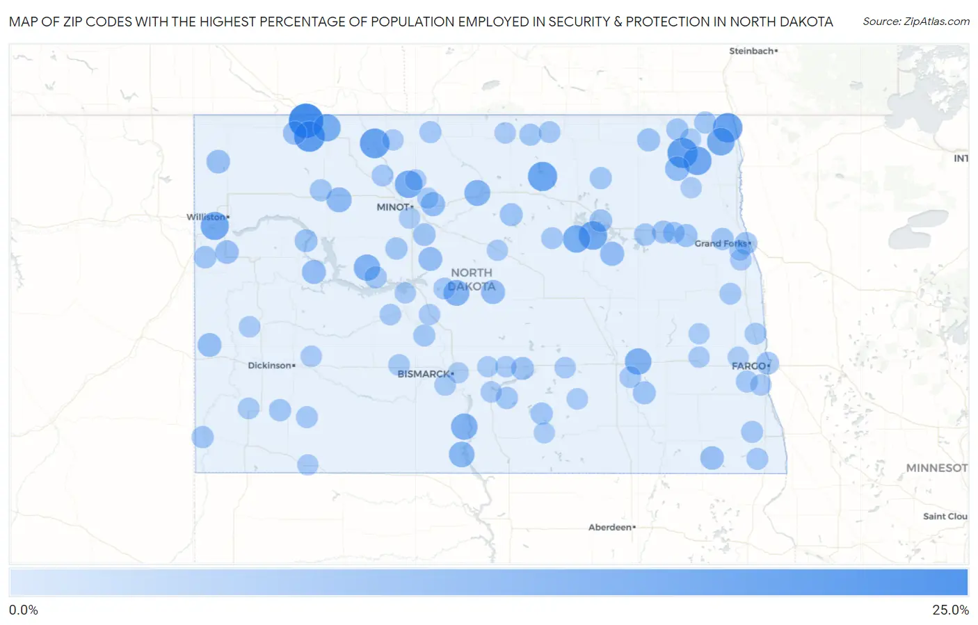 Zip Codes with the Highest Percentage of Population Employed in Security & Protection in North Dakota Map