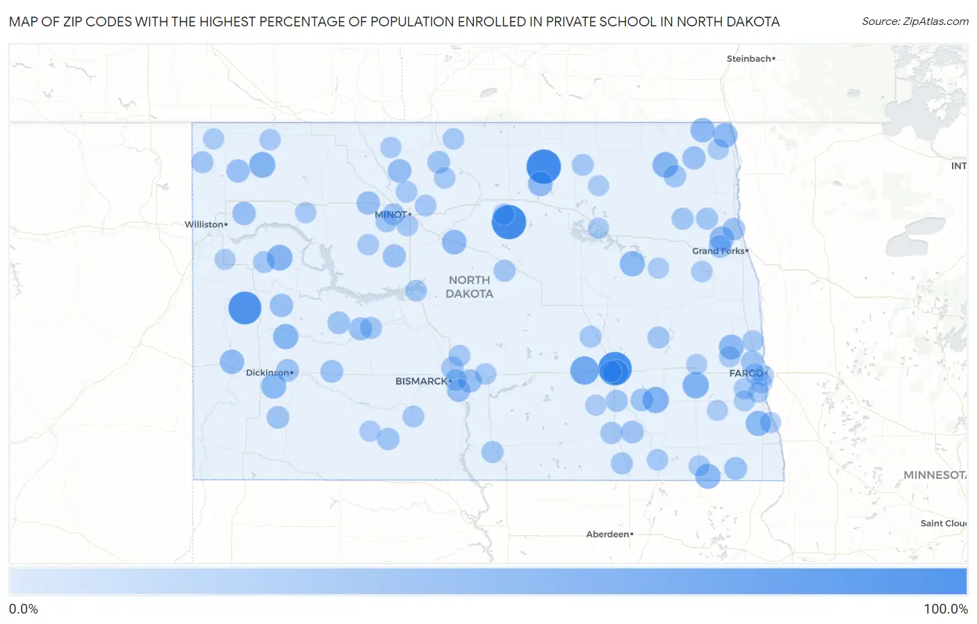 Zip Codes with the Highest Percentage of Population Enrolled in Private School in North Dakota Map