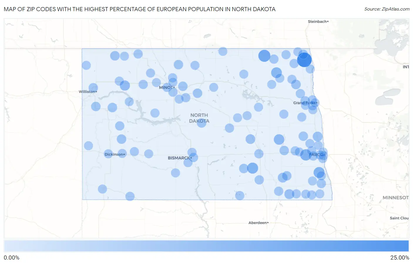 Zip Codes with the Highest Percentage of European Population in North Dakota Map