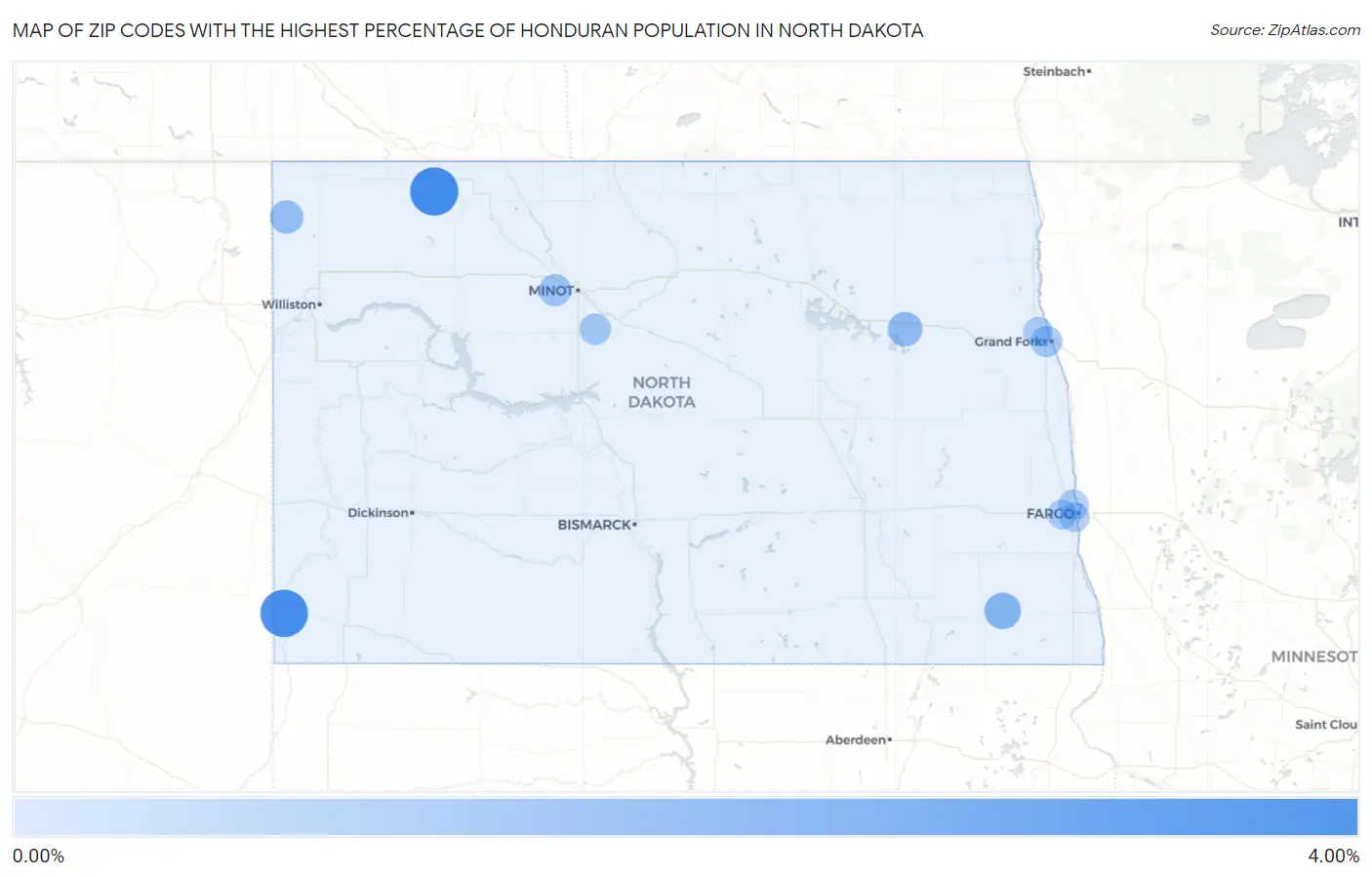 Zip Codes with the Highest Percentage of Honduran Population in North Dakota Map