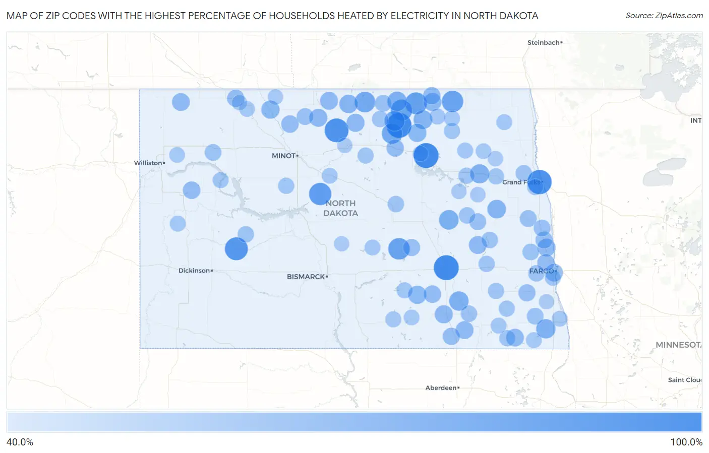 Zip Codes with the Highest Percentage of Households Heated by Electricity in North Dakota Map