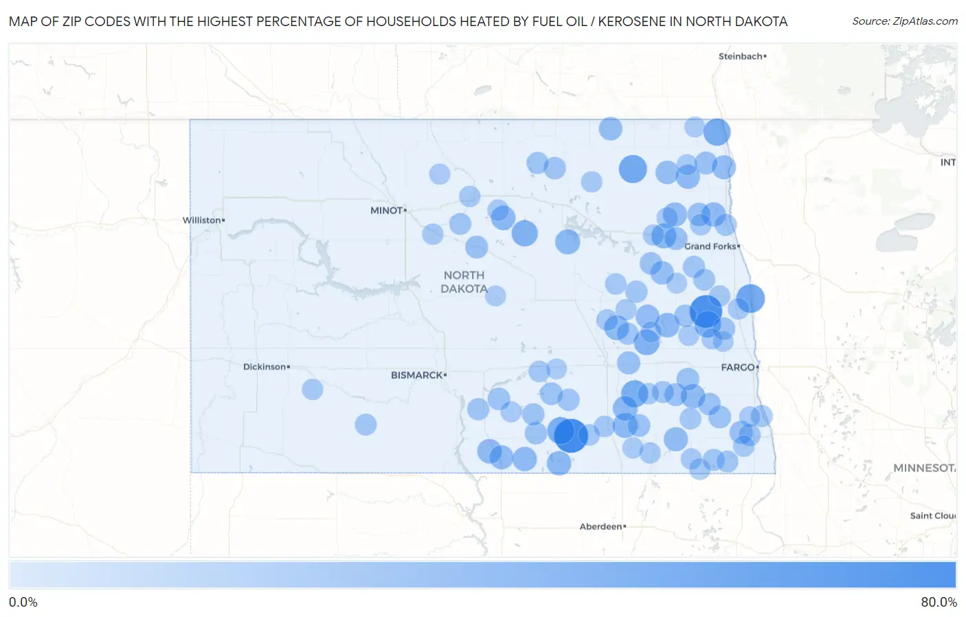 Zip Codes with the Highest Percentage of Households Heated by Fuel Oil / Kerosene in North Dakota Map