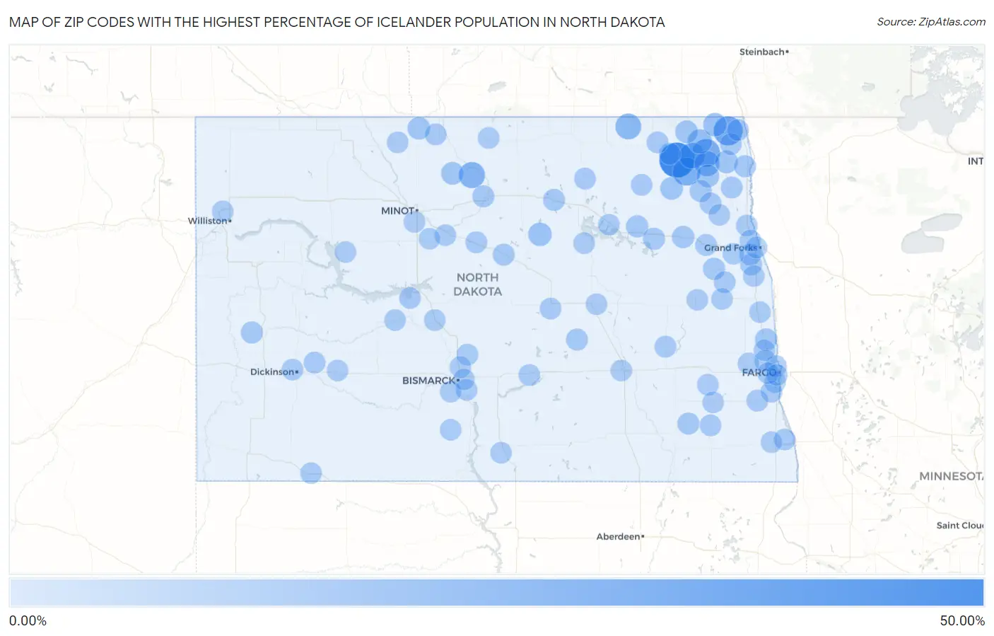 Zip Codes with the Highest Percentage of Icelander Population in North Dakota Map