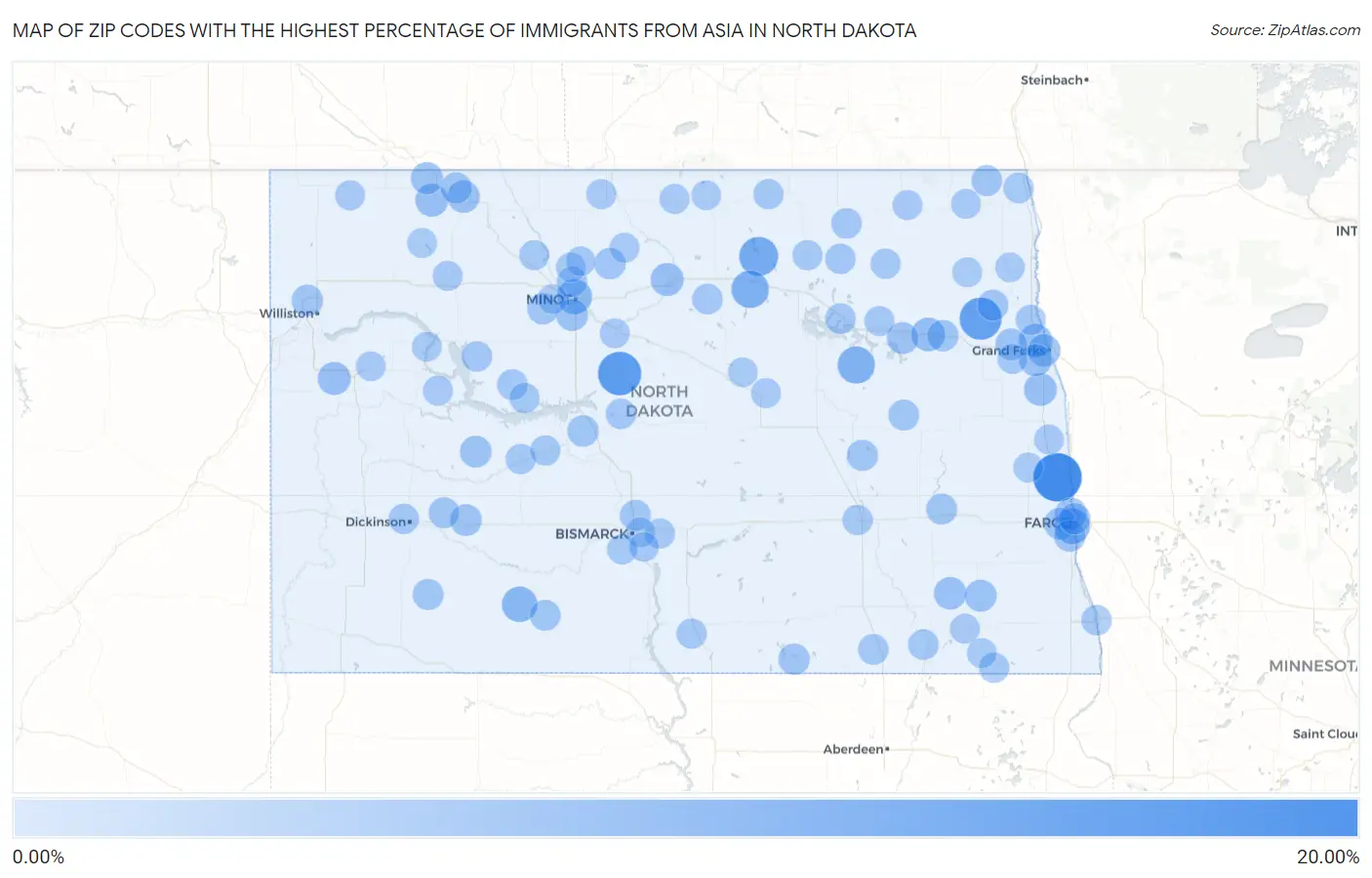 Zip Codes with the Highest Percentage of Immigrants from Asia in North Dakota Map
