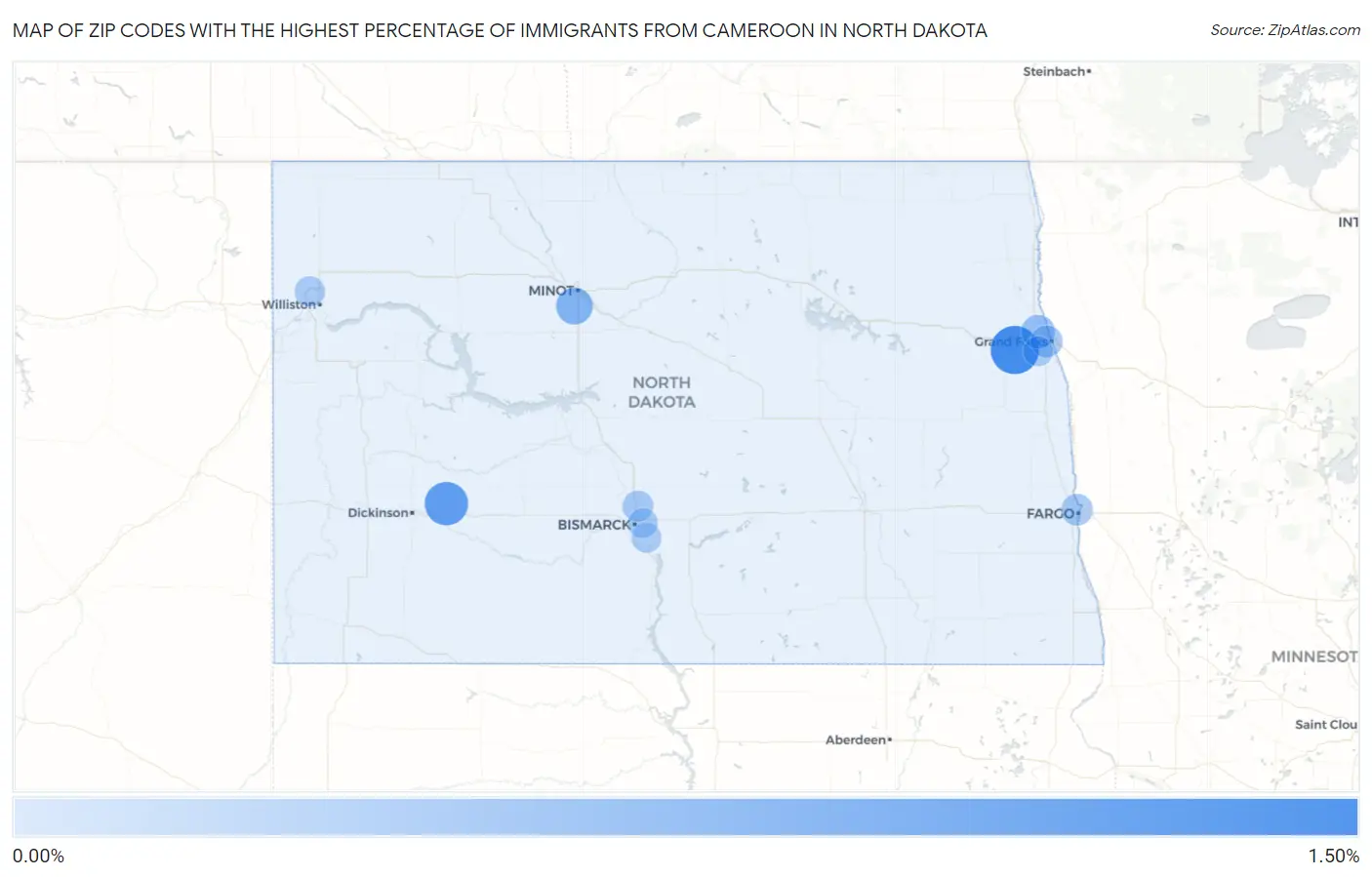 Zip Codes with the Highest Percentage of Immigrants from Cameroon in North Dakota Map