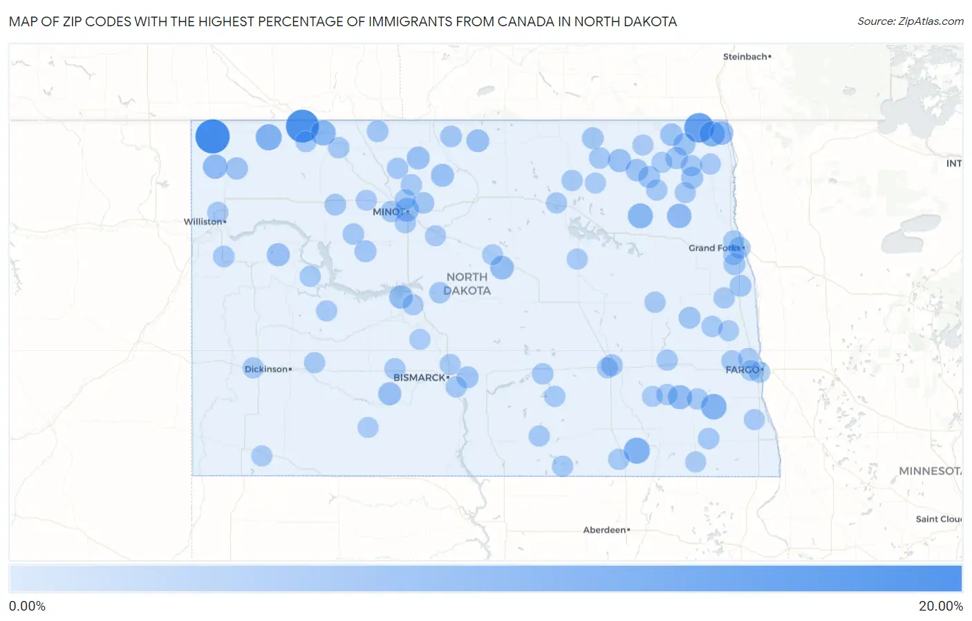 Zip Codes with the Highest Percentage of Immigrants from Canada in North Dakota Map