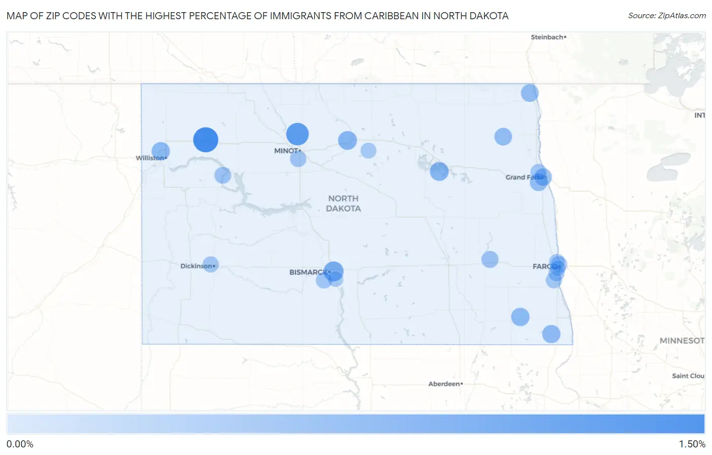 Zip Codes with the Highest Percentage of Immigrants from Caribbean in North Dakota Map