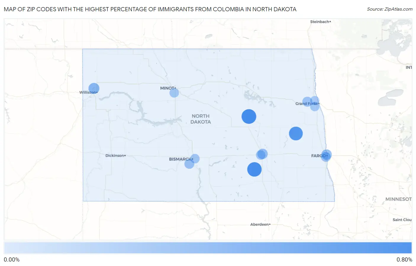 Zip Codes with the Highest Percentage of Immigrants from Colombia in North Dakota Map