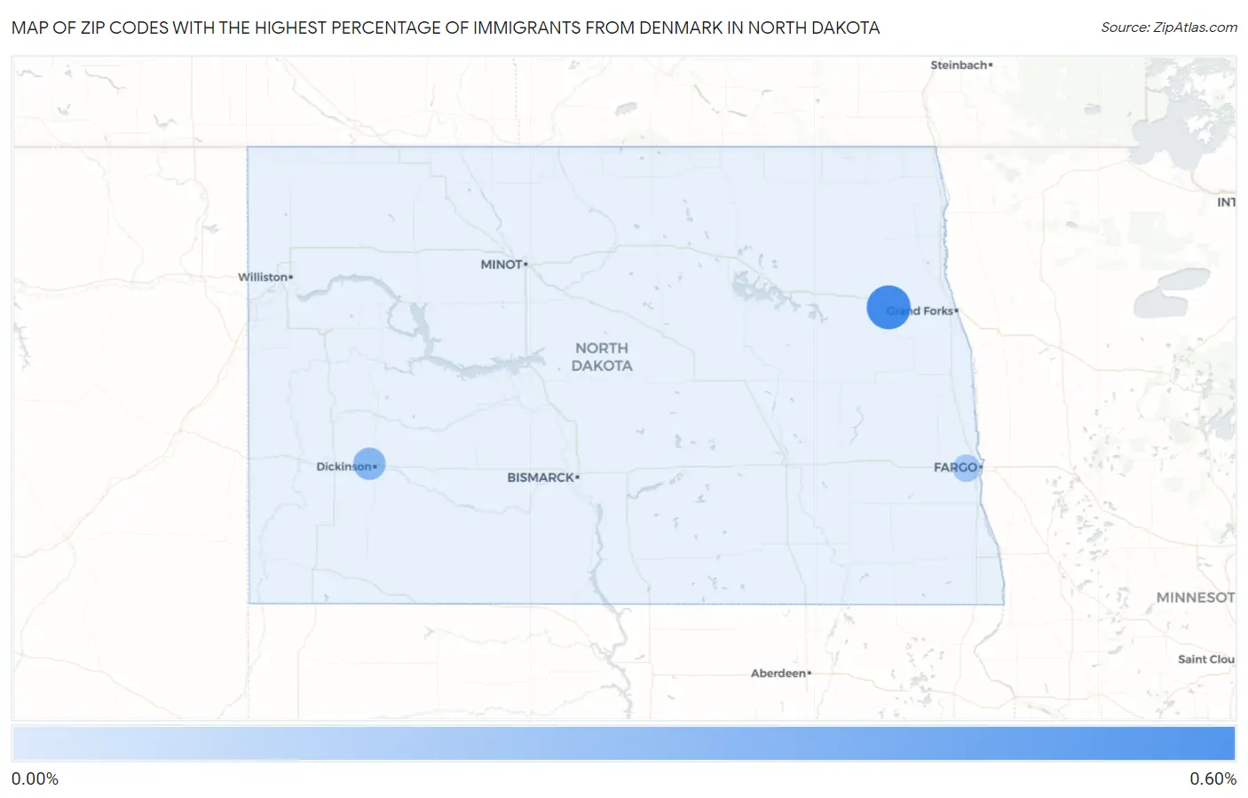 Zip Codes with the Highest Percentage of Immigrants from Denmark in North Dakota Map