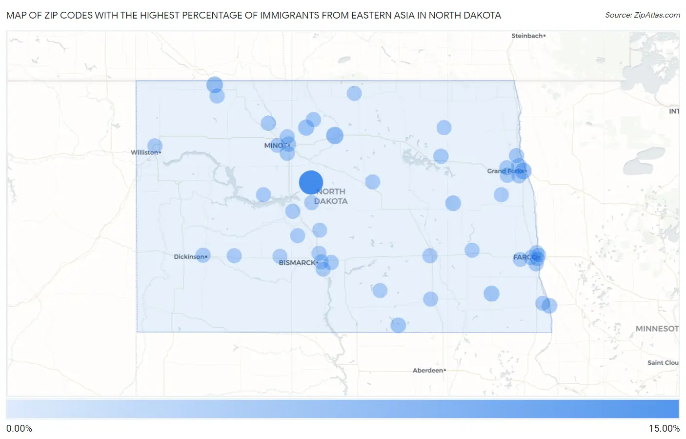 Zip Codes with the Highest Percentage of Immigrants from Eastern Asia in North Dakota Map