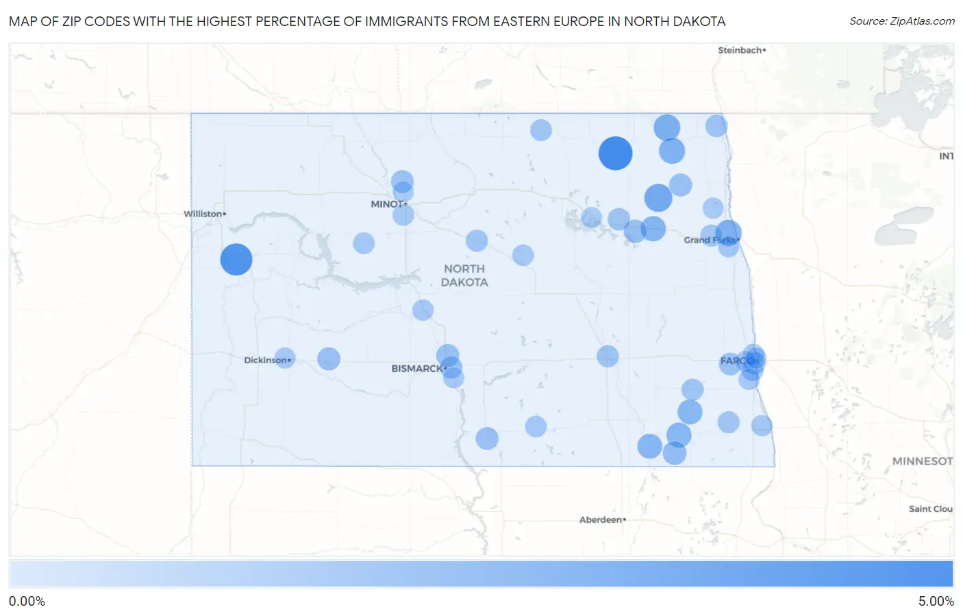 Zip Codes with the Highest Percentage of Immigrants from Eastern Europe in North Dakota Map