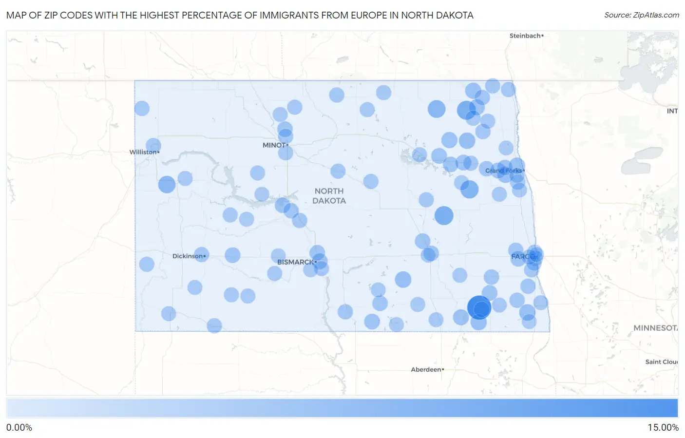 Zip Codes with the Highest Percentage of Immigrants from Europe in North Dakota Map