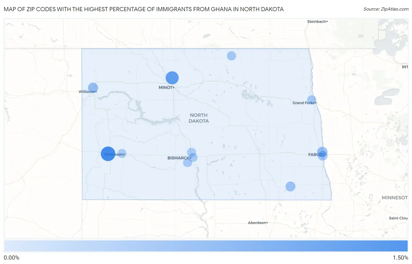 Zip Codes with the Highest Percentage of Immigrants from Ghana in North Dakota Map