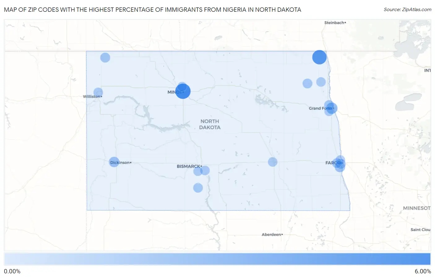 Zip Codes with the Highest Percentage of Immigrants from Nigeria in North Dakota Map