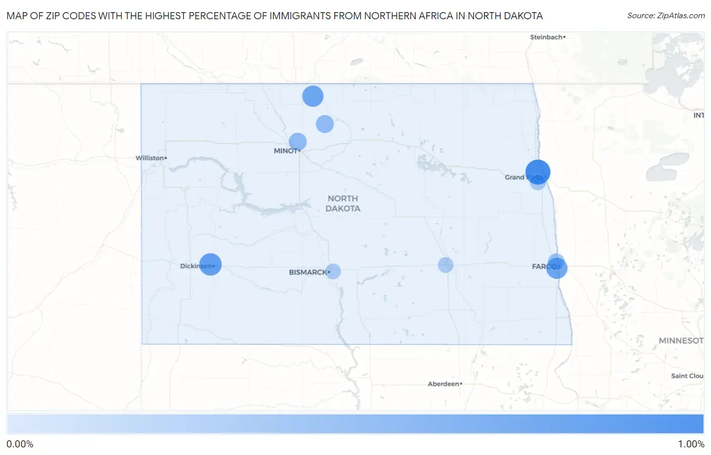 Zip Codes with the Highest Percentage of Immigrants from Northern Africa in North Dakota Map