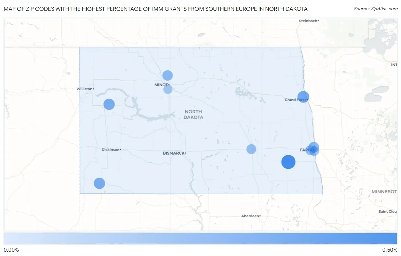 Zip Codes with the Highest Percentage of Immigrants from Southern Europe in North Dakota Map