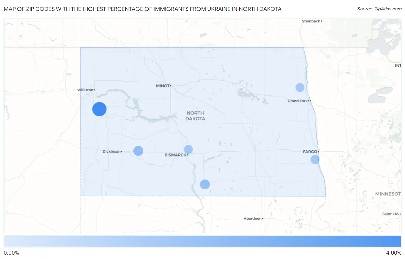 Zip Codes with the Highest Percentage of Immigrants from Ukraine in North Dakota Map