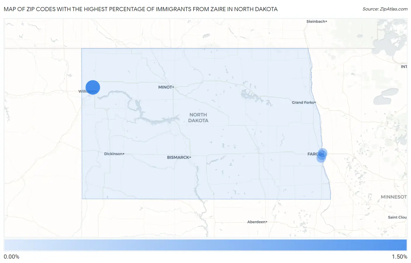 Zip Codes with the Highest Percentage of Immigrants from Zaire in North Dakota Map