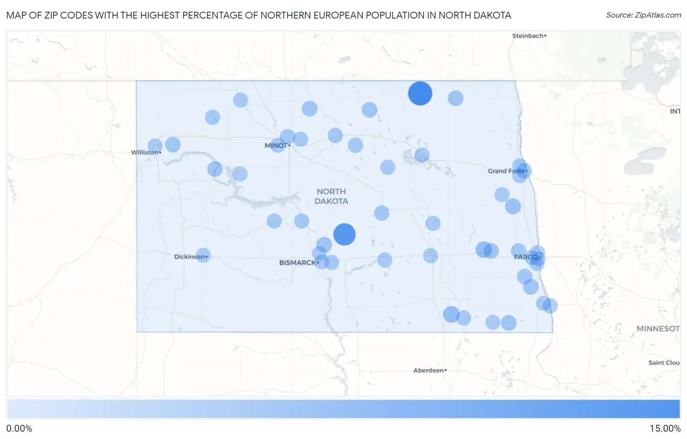 Zip Codes with the Highest Percentage of Northern European Population in North Dakota Map