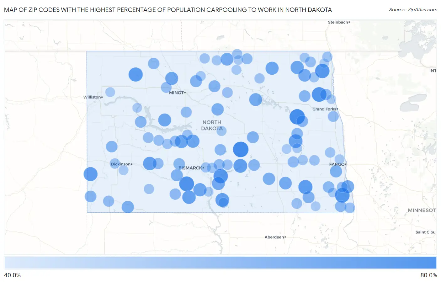 Zip Codes with the Highest Percentage of Population Carpooling to Work in North Dakota Map