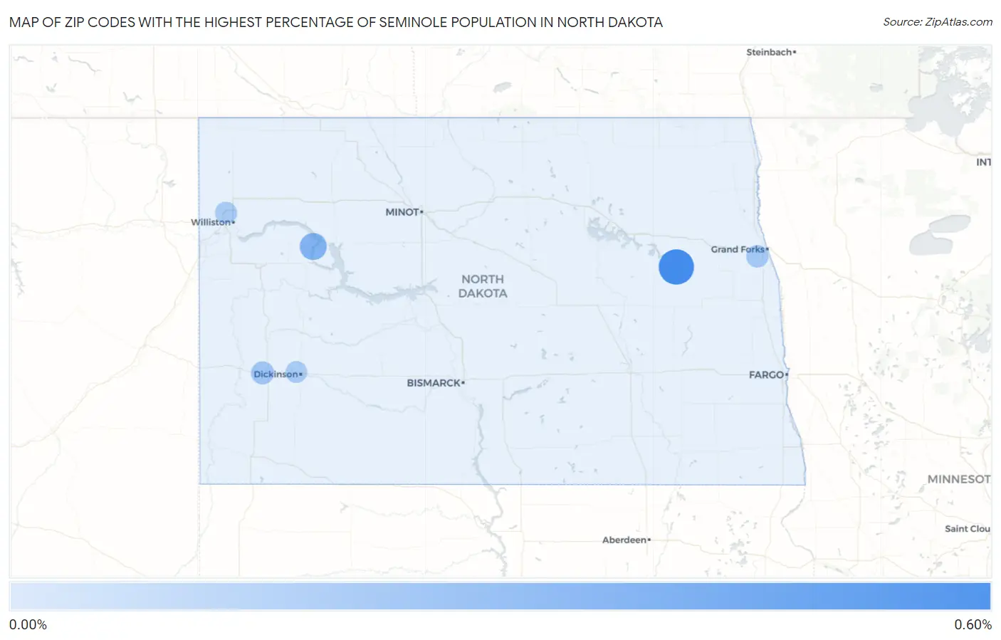 Zip Codes with the Highest Percentage of Seminole Population in North Dakota Map