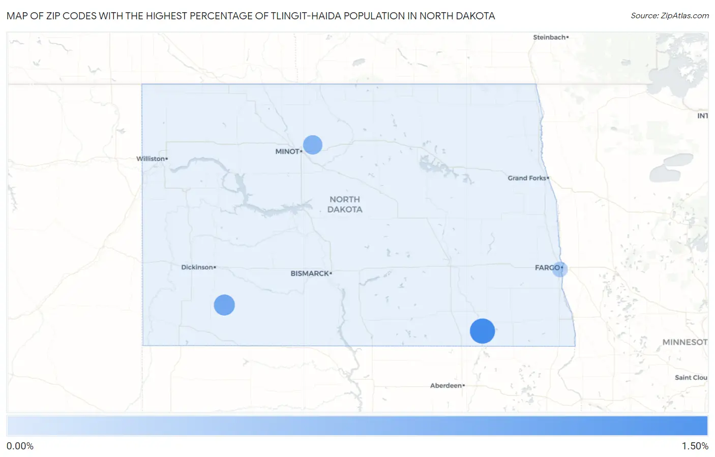 Zip Codes with the Highest Percentage of Tlingit-Haida Population in North Dakota Map