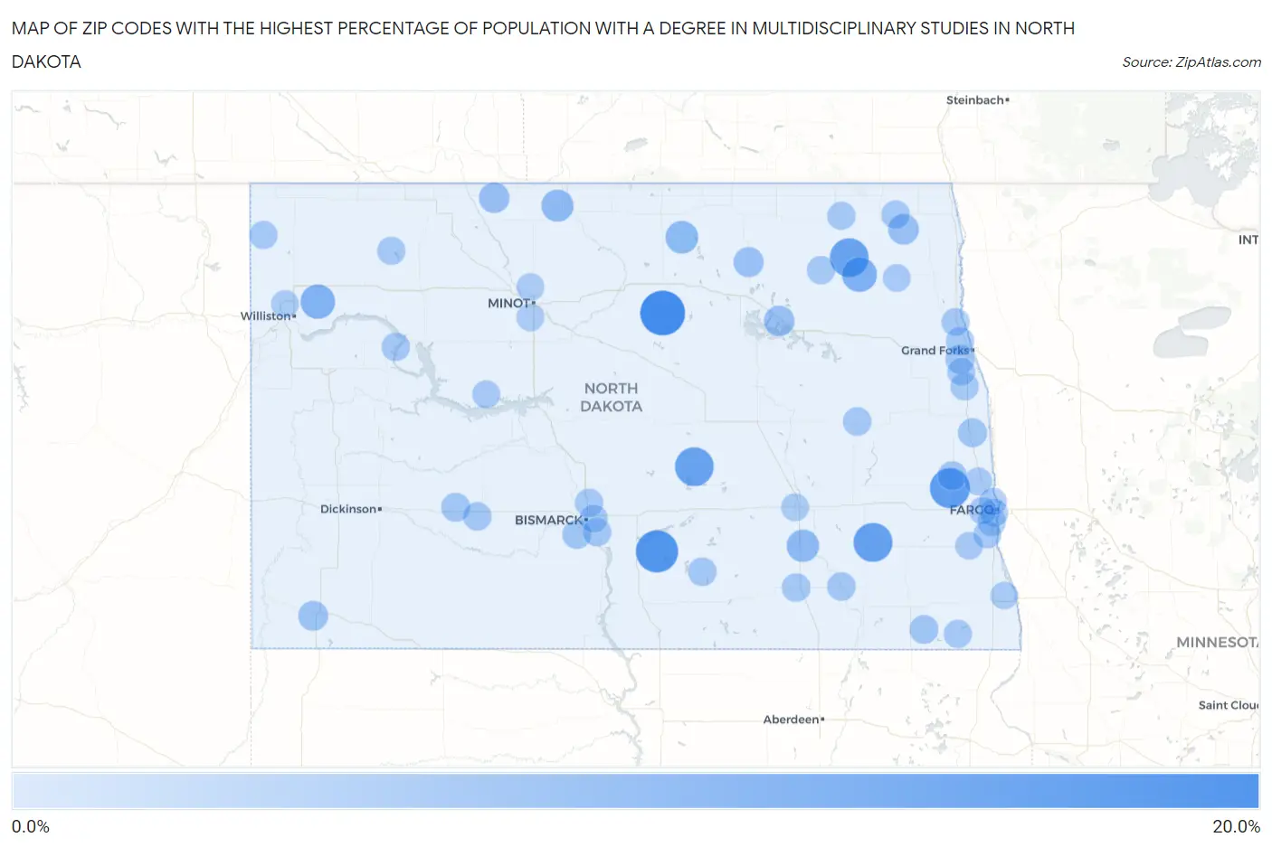 Zip Codes with the Highest Percentage of Population with a Degree in Multidisciplinary Studies in North Dakota Map