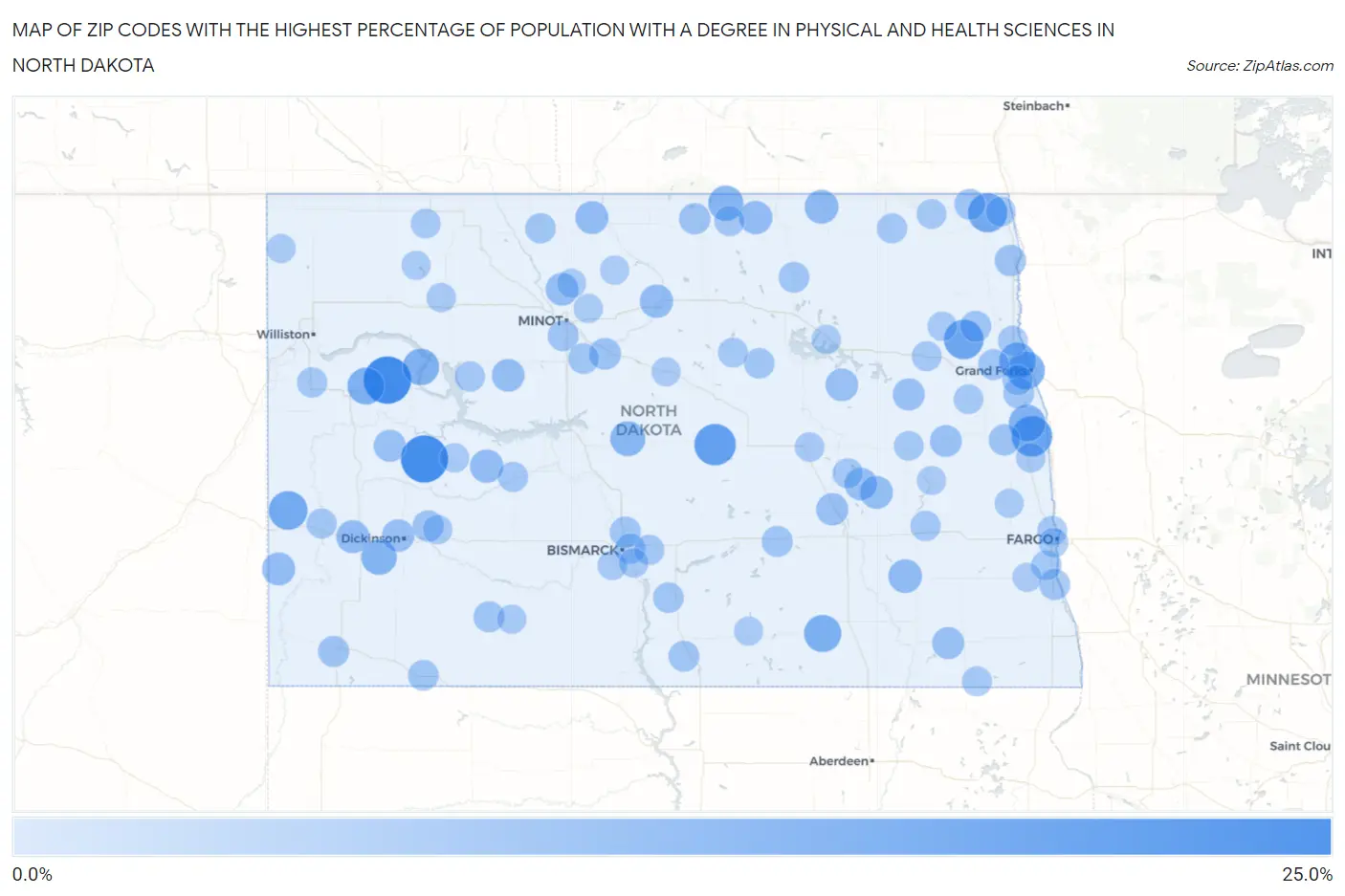 Zip Codes with the Highest Percentage of Population with a Degree in Physical and Health Sciences in North Dakota Map
