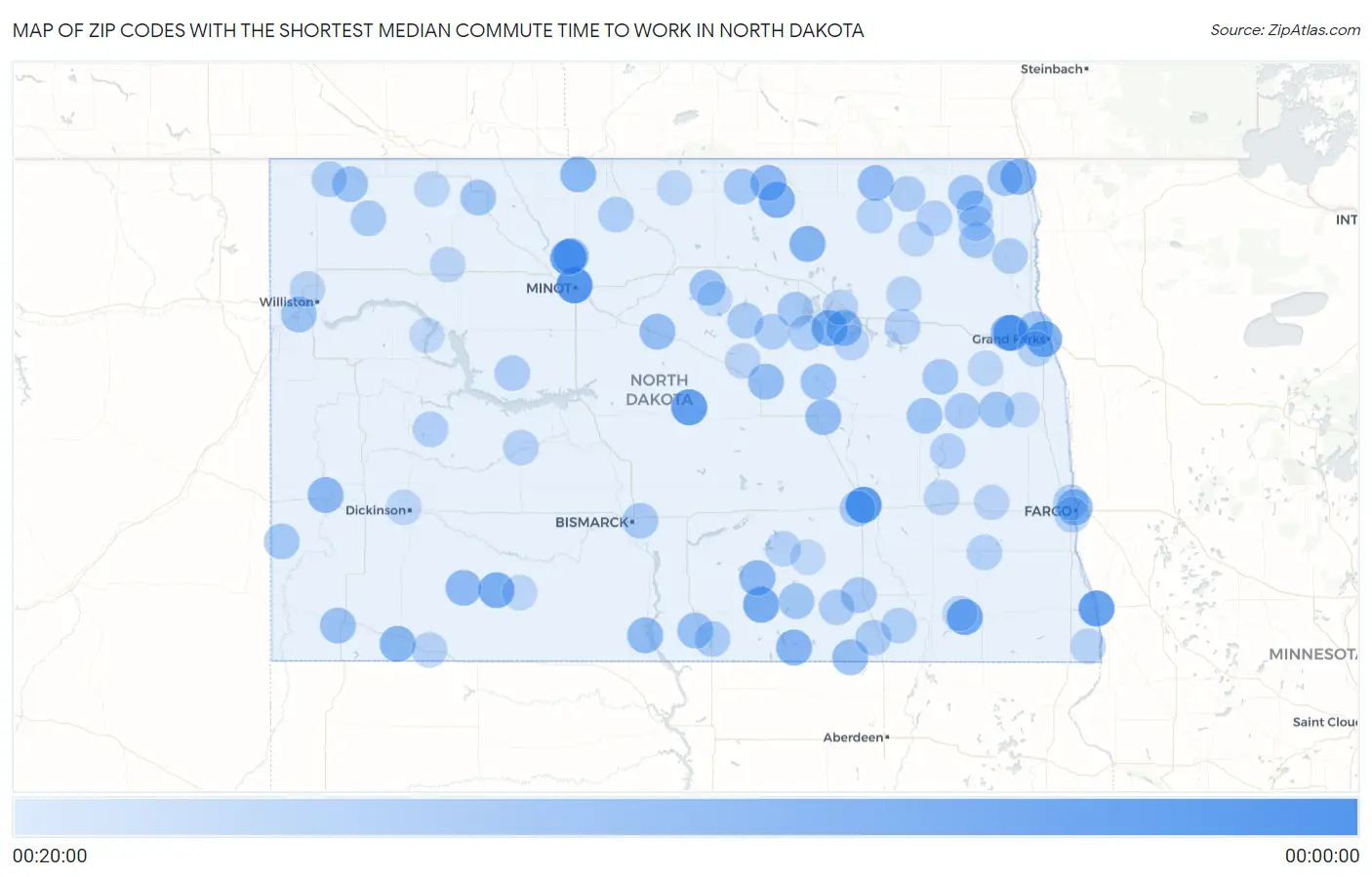 Zip Codes with the Shortest Median Commute Time to Work in North Dakota Map