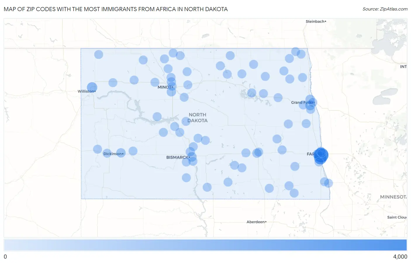 Zip Codes with the Most Immigrants from Africa in North Dakota Map