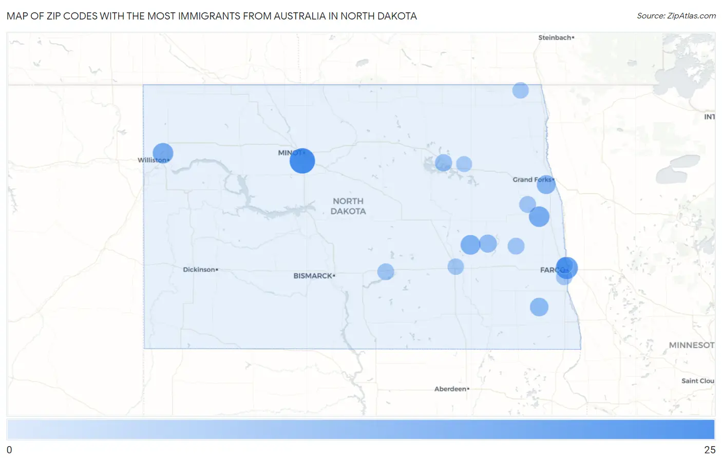 Zip Codes with the Most Immigrants from Australia in North Dakota Map