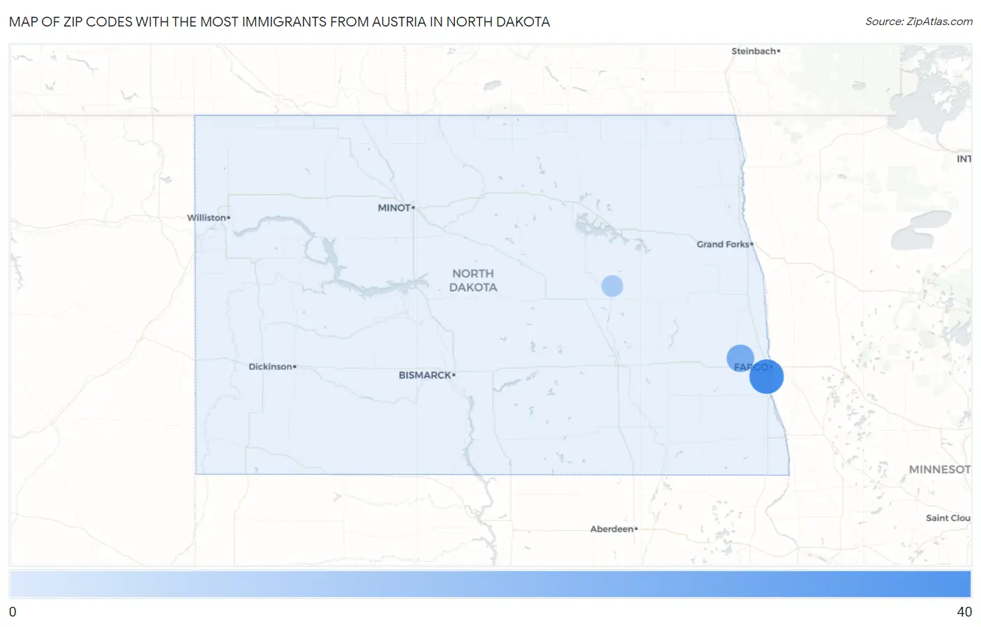 Zip Codes with the Most Immigrants from Austria in North Dakota Map