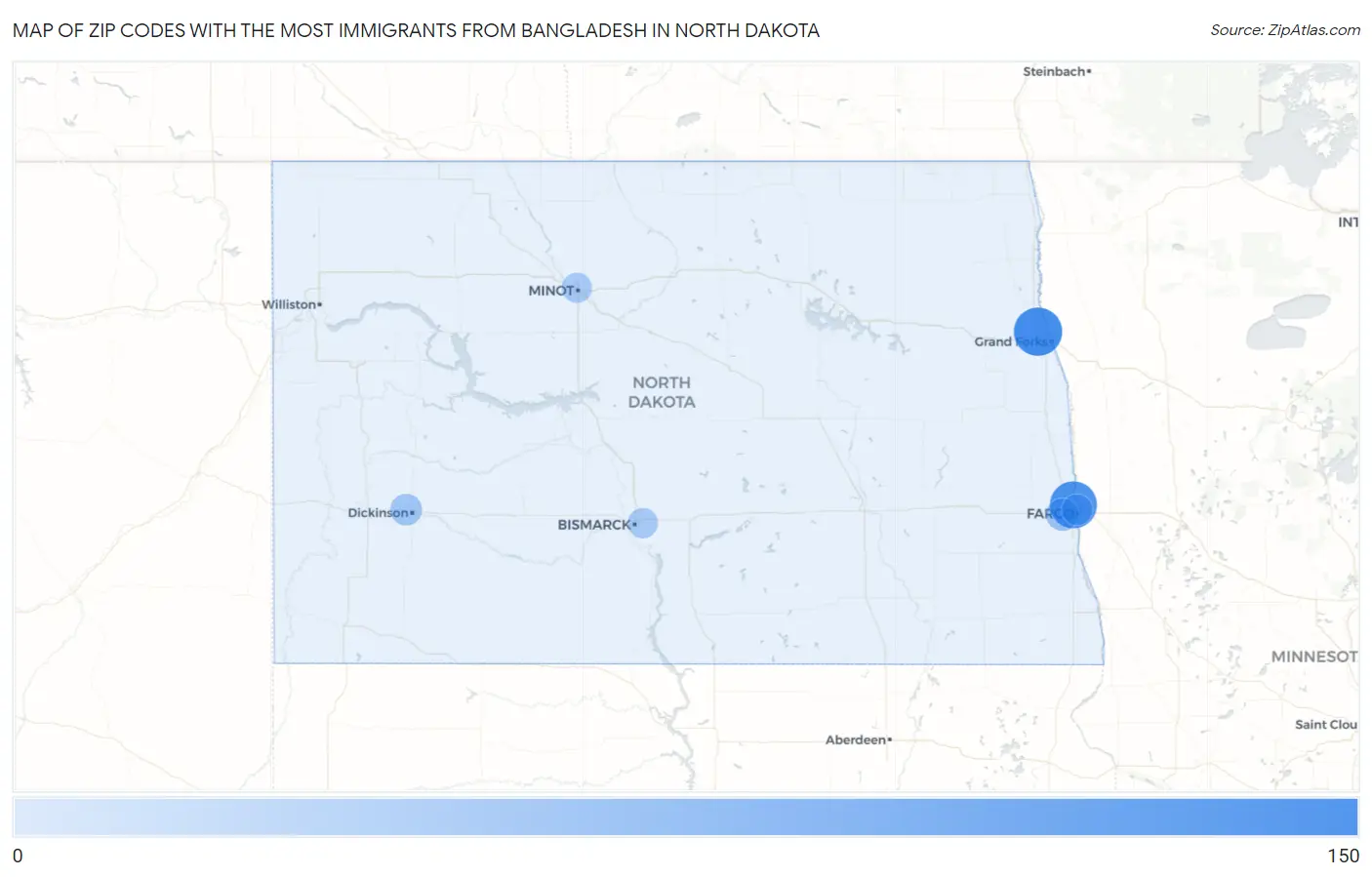 Zip Codes with the Most Immigrants from Bangladesh in North Dakota Map