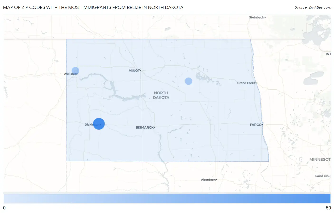 Zip Codes with the Most Immigrants from Belize in North Dakota Map