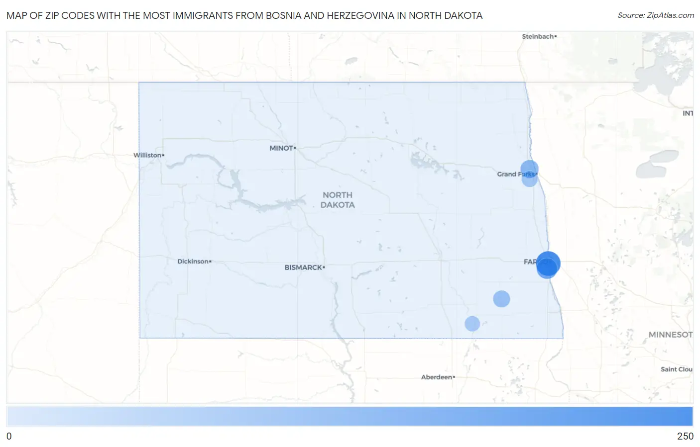 Zip Codes with the Most Immigrants from Bosnia and Herzegovina in North Dakota Map