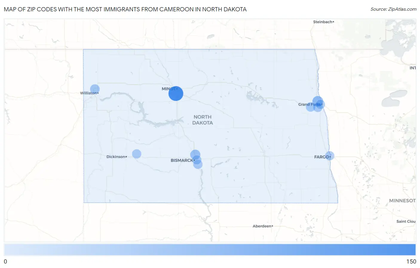 Zip Codes with the Most Immigrants from Cameroon in North Dakota Map