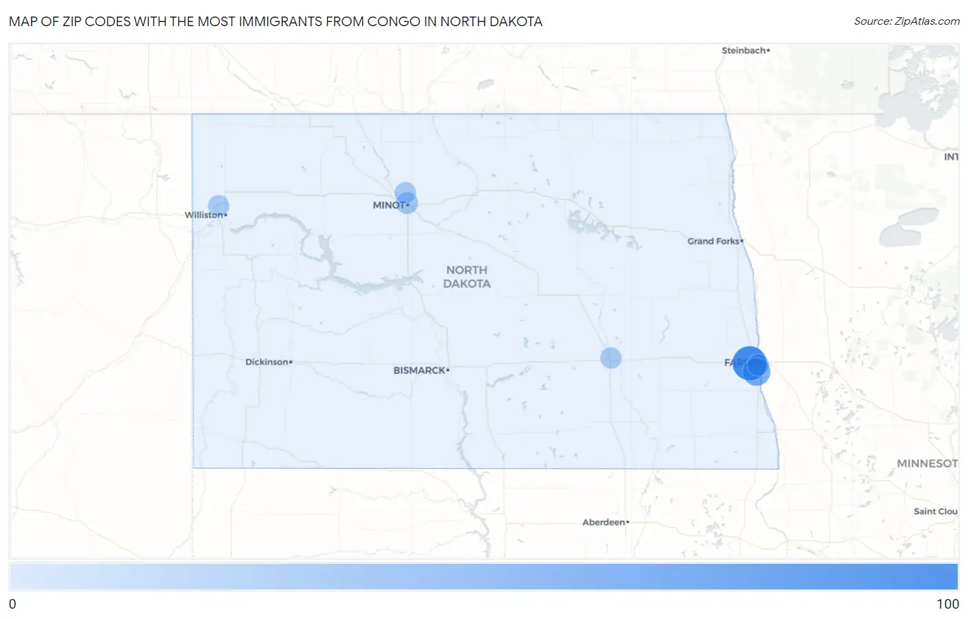 Zip Codes with the Most Immigrants from Congo in North Dakota Map