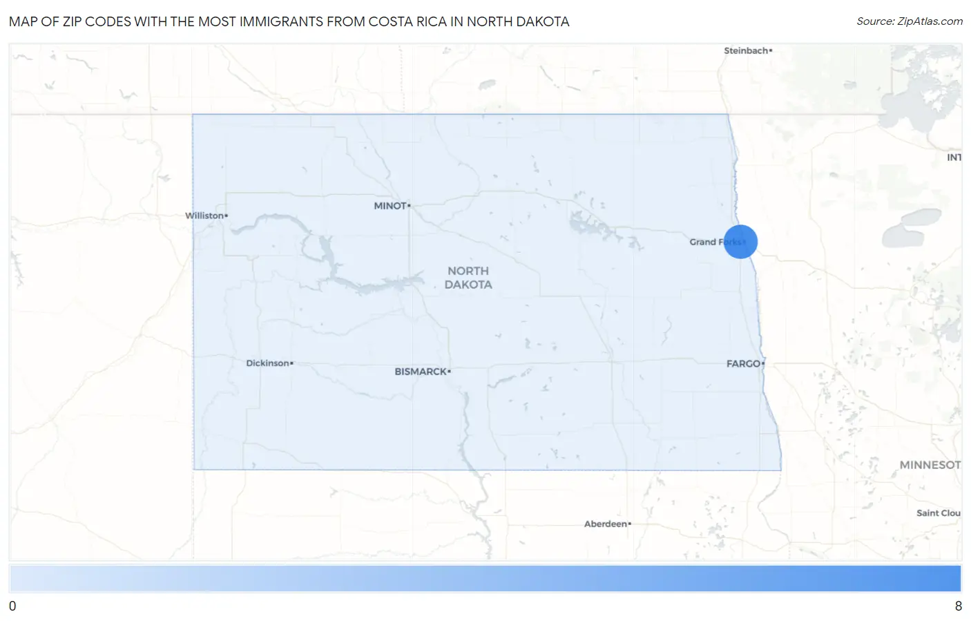 Zip Codes with the Most Immigrants from Costa Rica in North Dakota Map