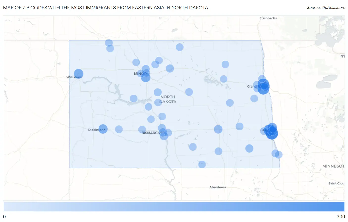 Zip Codes with the Most Immigrants from Eastern Asia in North Dakota Map