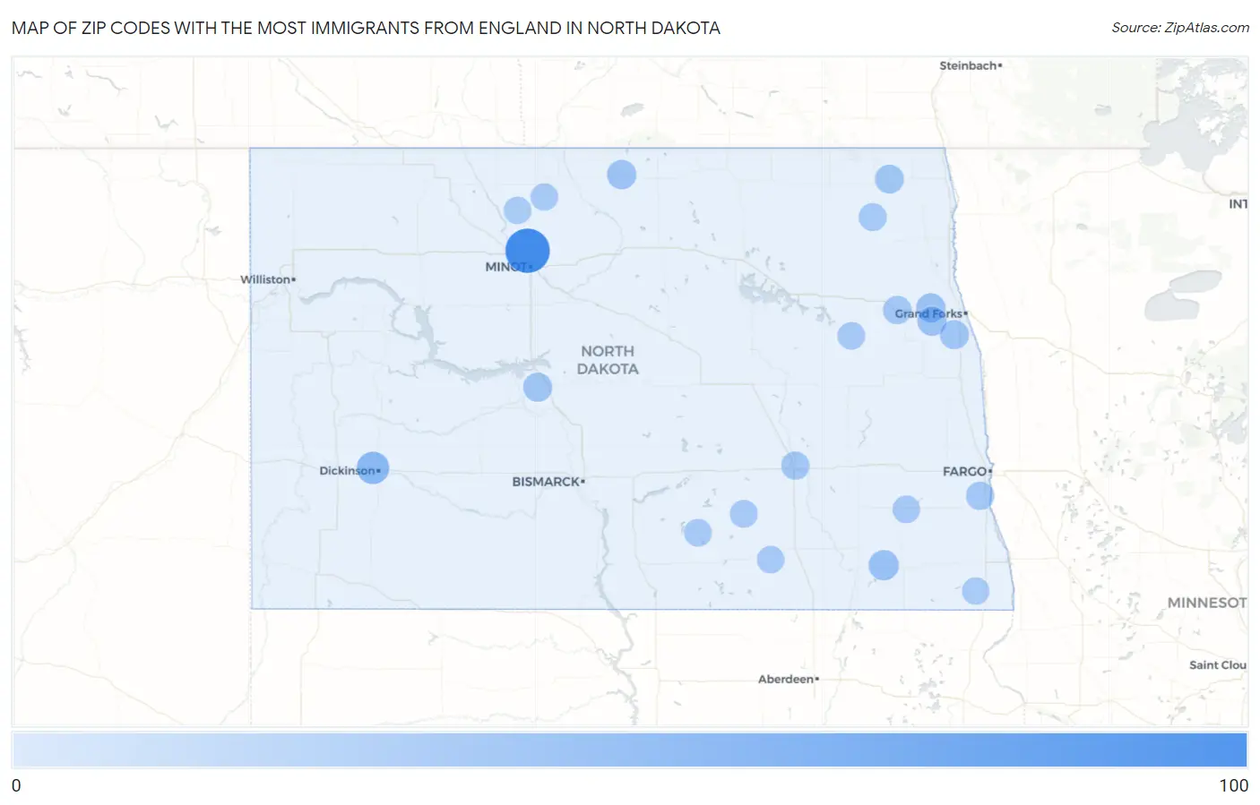Zip Codes with the Most Immigrants from England in North Dakota Map