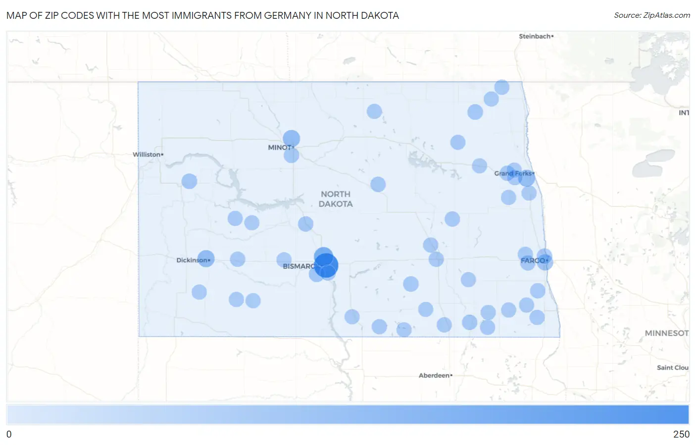 Zip Codes with the Most Immigrants from Germany in North Dakota Map
