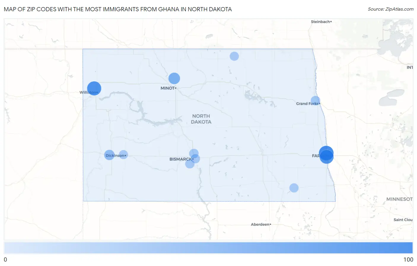 Zip Codes with the Most Immigrants from Ghana in North Dakota Map