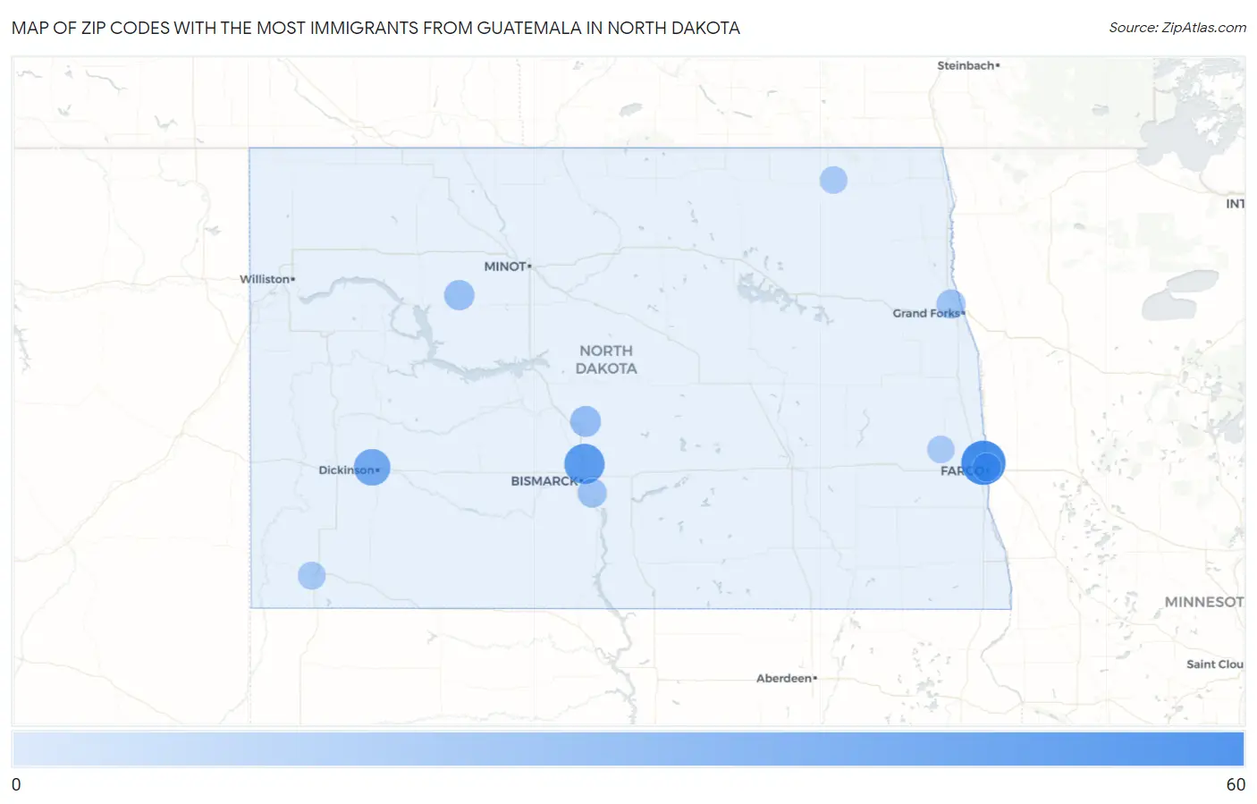 Zip Codes with the Most Immigrants from Guatemala in North Dakota Map